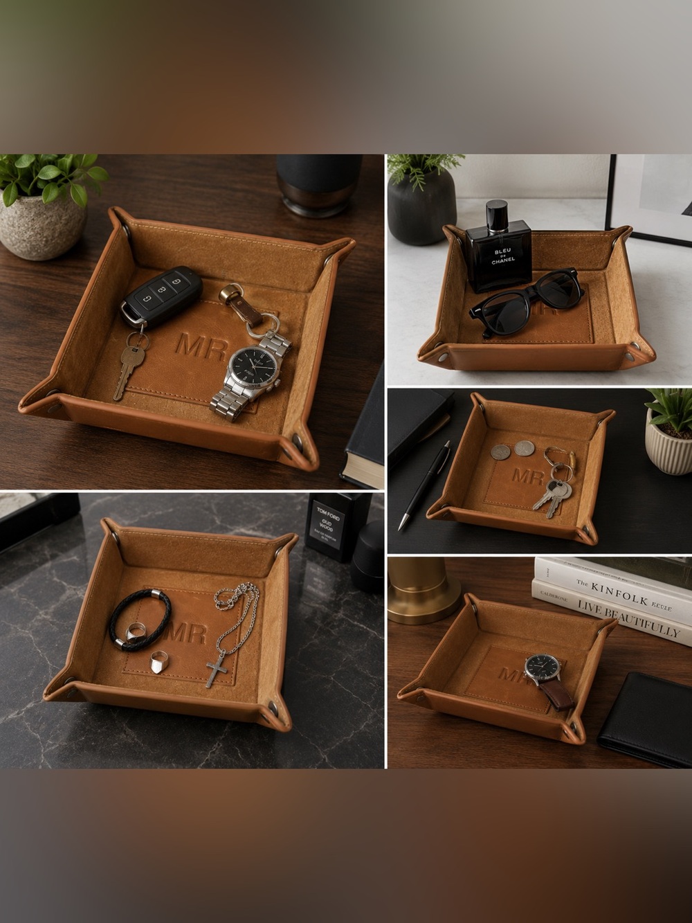Clava Genuine Leather Snap Valet Tray Catchall Organizer tan Monogram MR 8”